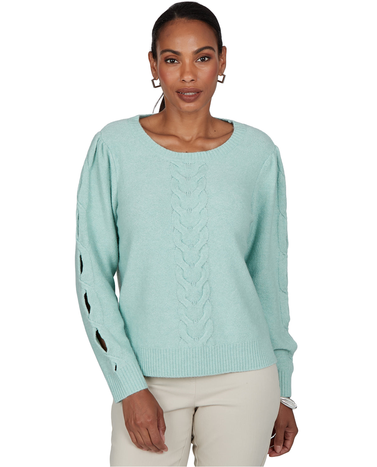Ruby Road Petite Mythical Scoop Neck Cable Pullover Sweater Glacier