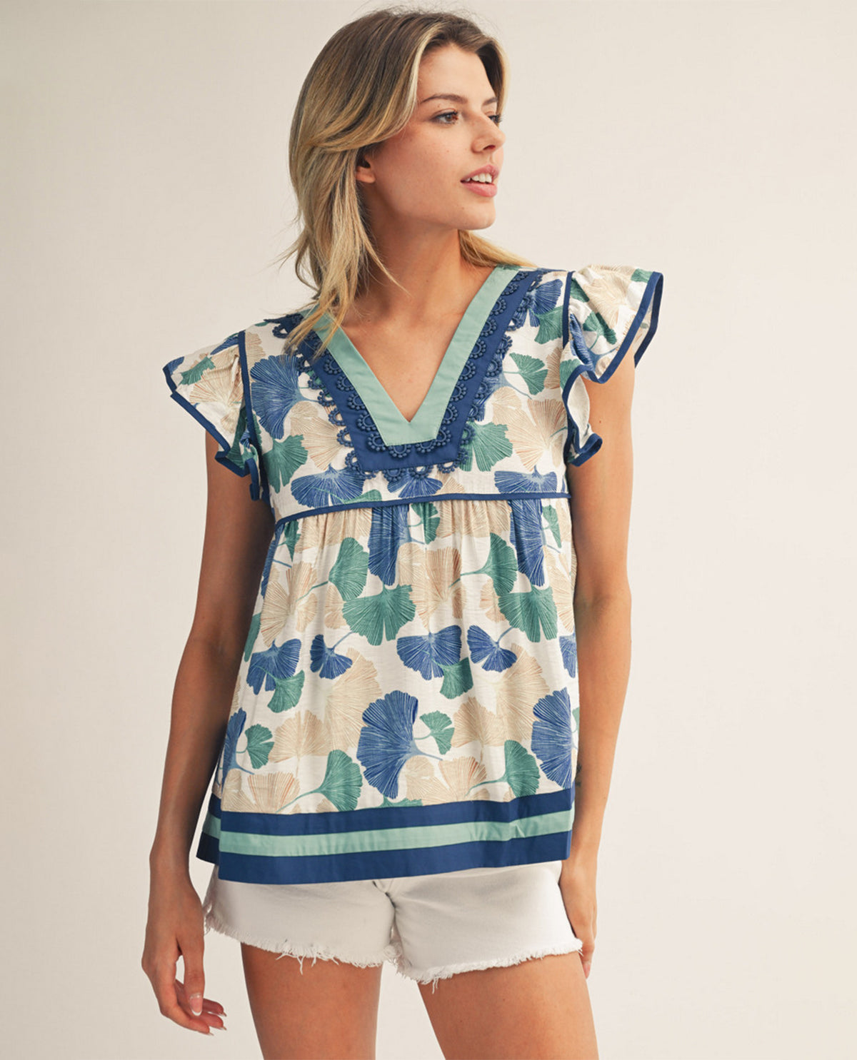 Jodifl V-Neck Babydoll Top Blue Mix