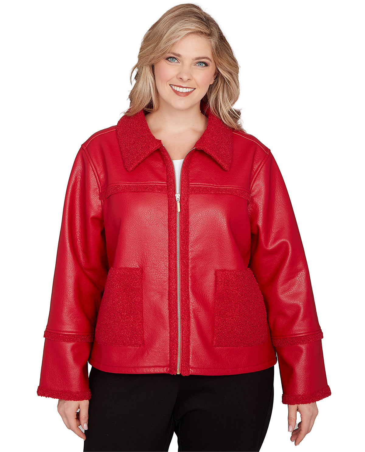 Woman wearing a red leather jacket on a white background