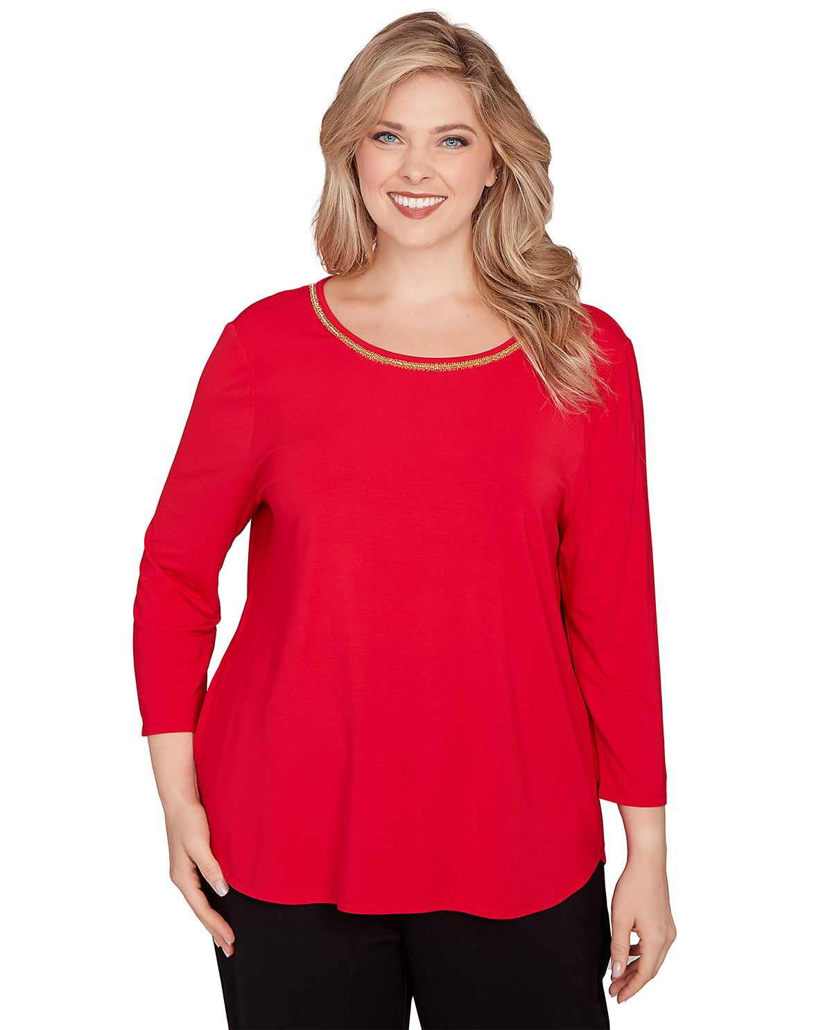 Woman wearing a red top with a white background