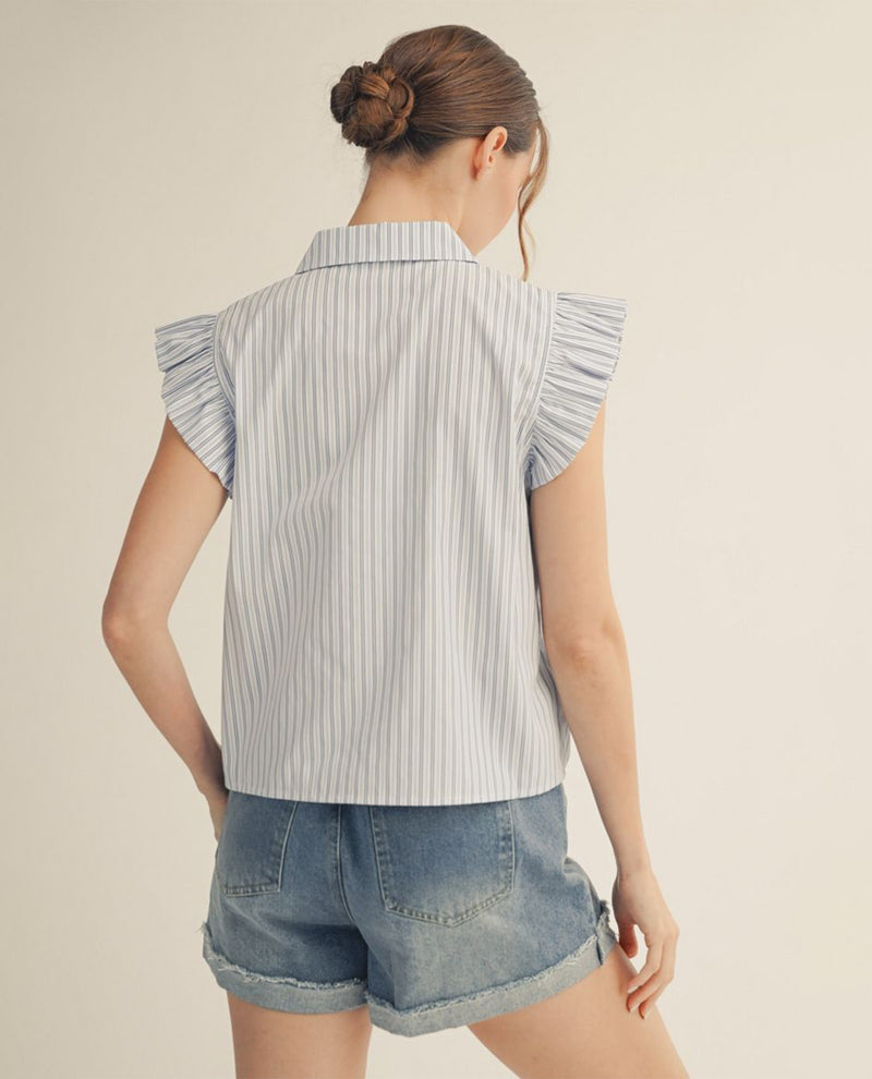 Jodifl Stripe Button Front Top With Ruffle Sleeves White