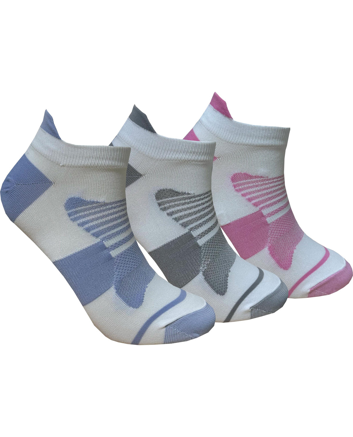 Three pairs of socks with butterfly designs on a white background