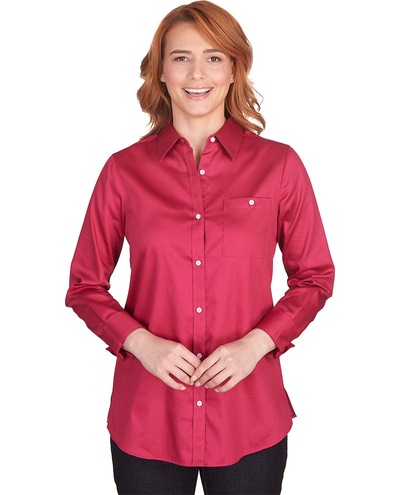 Woman wearing a red shirt on a white background