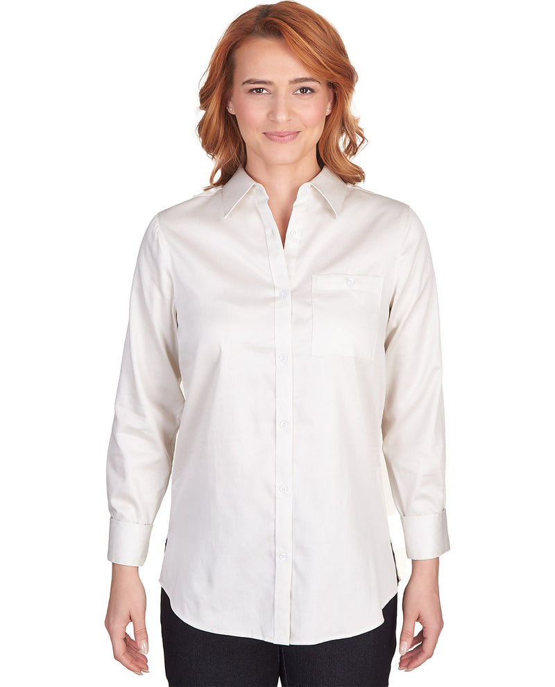 Woman wearing a white shirt on a white background