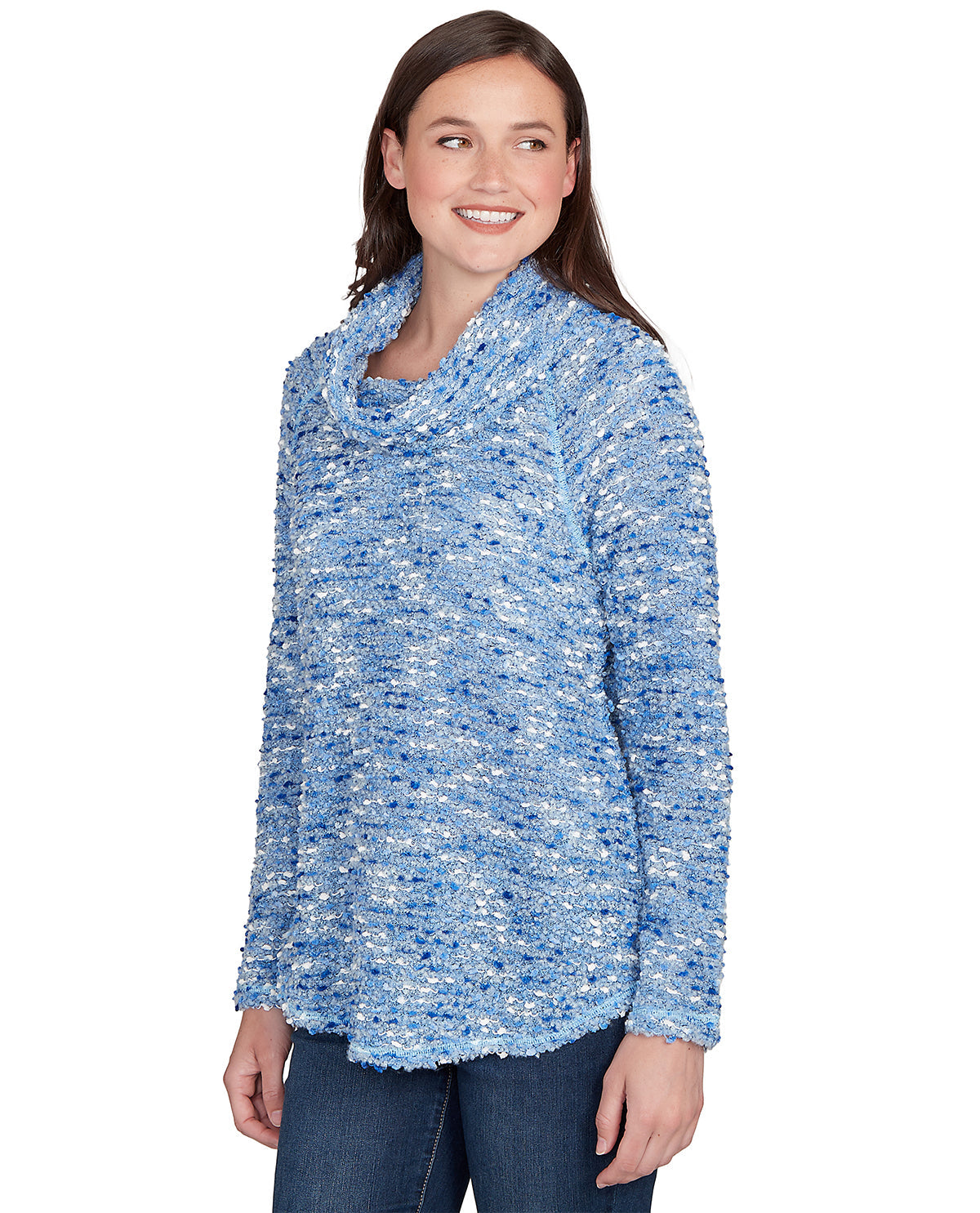 Woman wearing a blue textured sweater on a white background