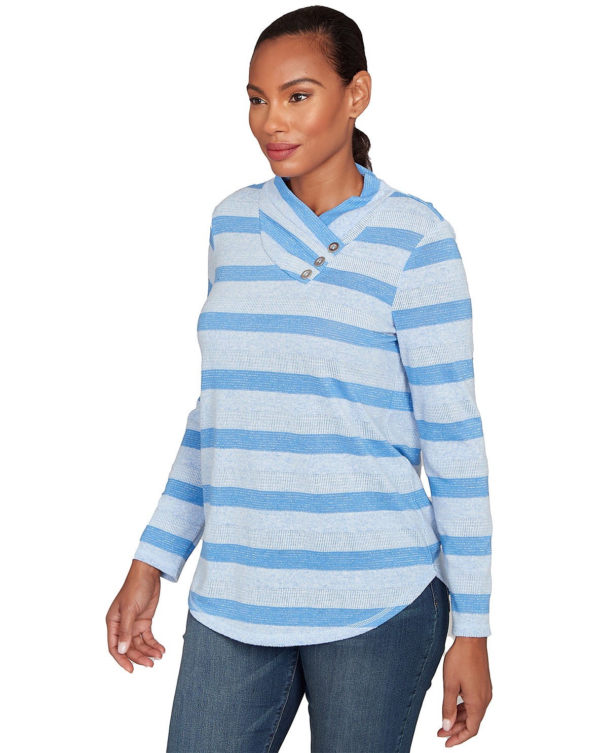 Woman wearing a blue and white striped long-sleeve shirt on a white background