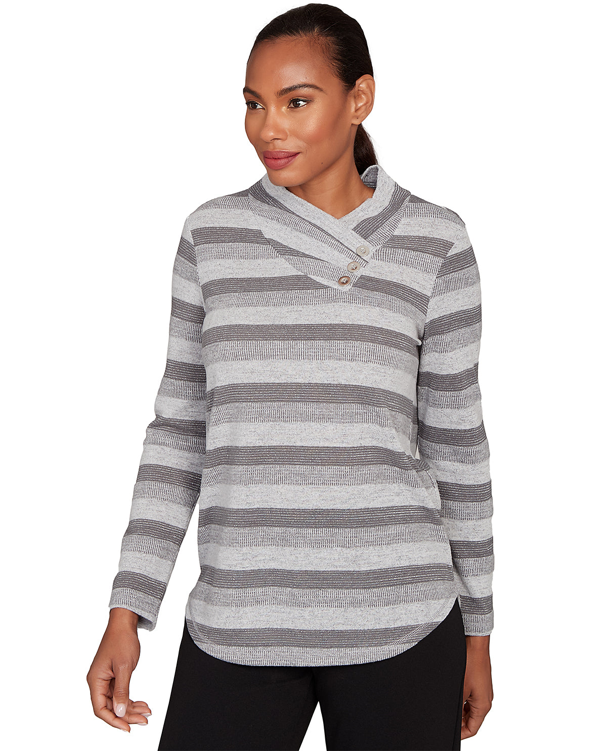 Woman wearing a gray and white striped long-sleeve top on a white background