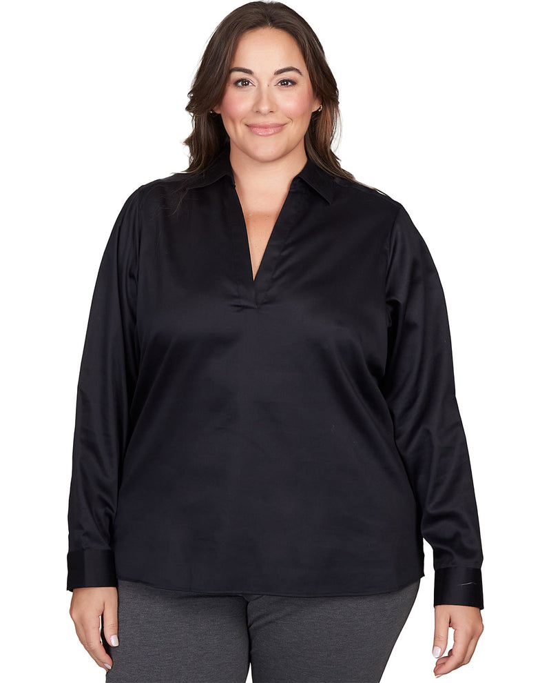 Woman wearing a black blouse on a white background