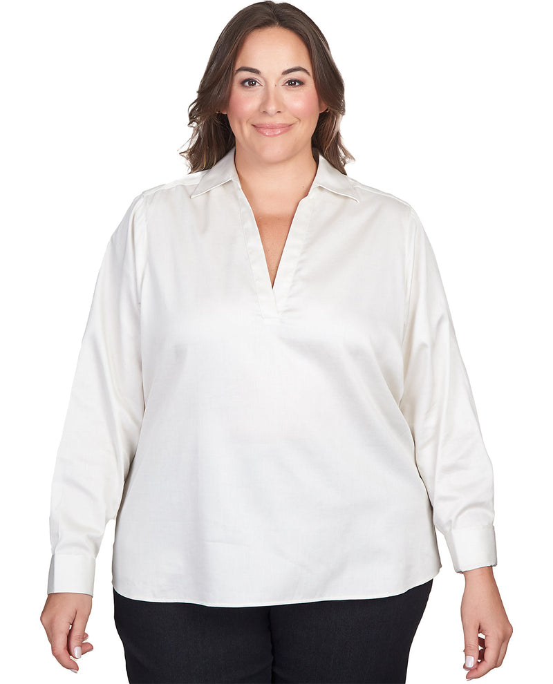 Woman wearing a white blouse on a white background
