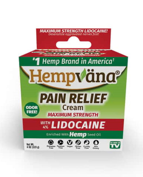 Packaging of Hempvana Lidocaine Pain Relief Cream with maximum strength 4% lidocaine. The box is green and red with product information and hemp logo.