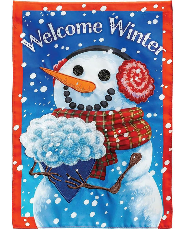 Snowman With Bouquet Applique Garden Flag