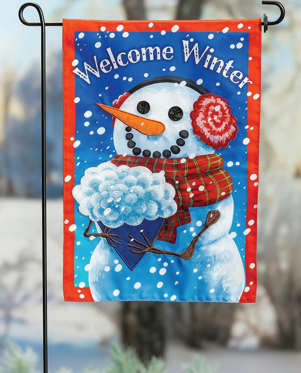 Snowman With Bouquet Applique Garden Flag