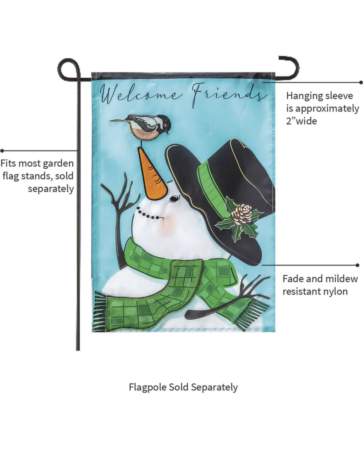 Snowman And Chickadee Applique Garden Flag