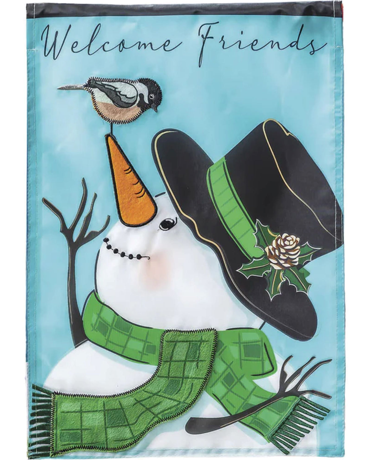 Snowman And Chickadee Applique Garden Flag