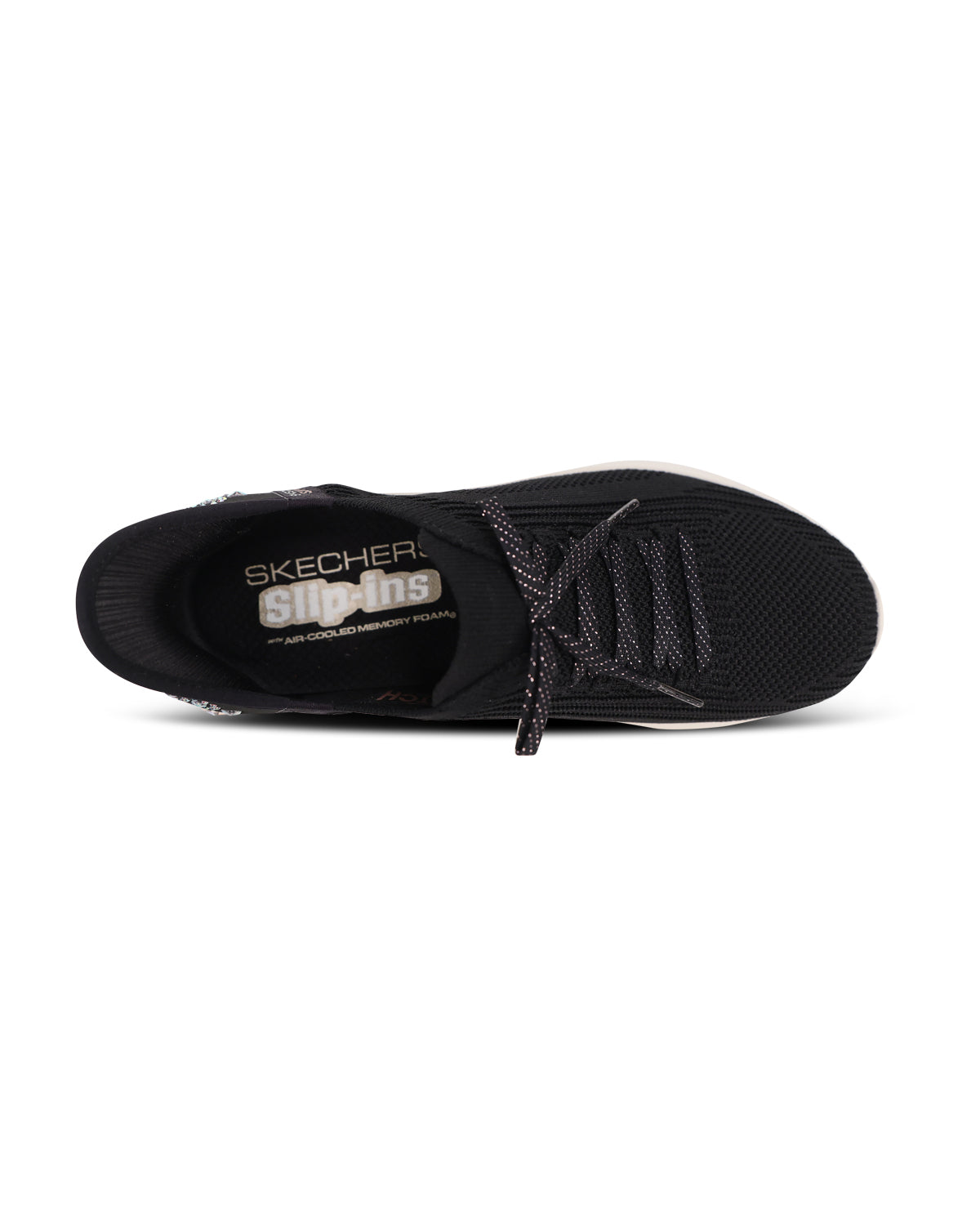 A black knit athletic sneaker shown from a top-down perspective, featuring black speckled laces, set against a plain white background.