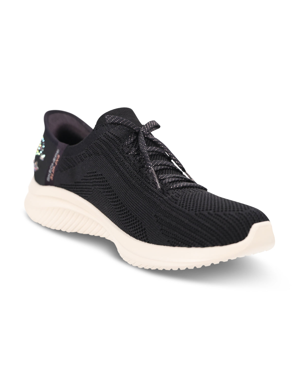 A black knit athletic sneaker with a thick, textured off-white sole, shown from a three-quarters angle on a white background.