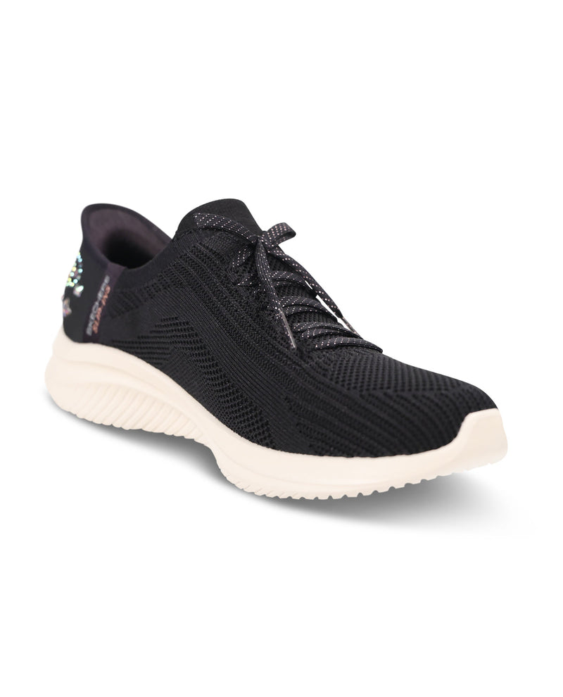 A black knit athletic sneaker with a thick, textured off-white sole, shown from a three-quarters angle on a white background.