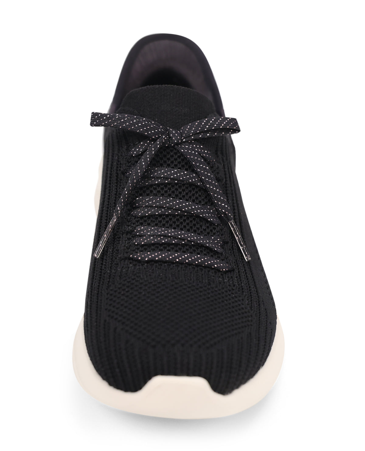 A black knit athletic sneaker shown from a front-facing top-down perspective, featuring black speckled laces and a contrasting off-white sole, set against a plain white background.