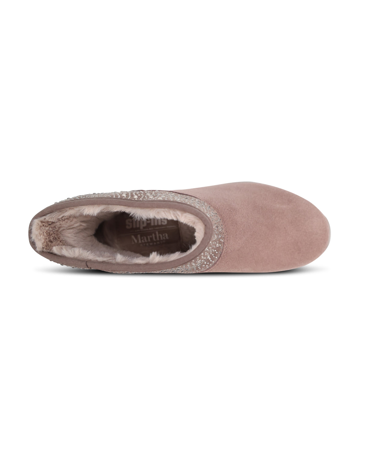 A taupe suede ankle boot with a studded faux-leather collar and a thick, flexible sole, shown in a side profile on a white background.