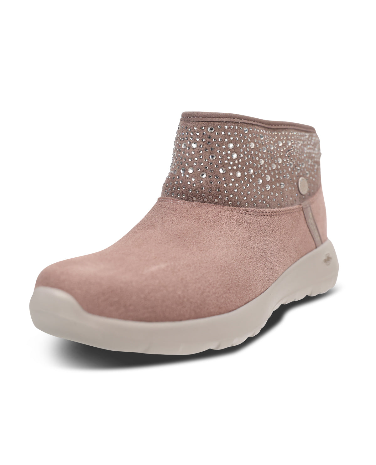 A single women's ankle boot in taupe suede with a sparkling rhinestone-embellished collar and a thick, flexible off-white sole, shown from a three-quarters angle on a white background.
