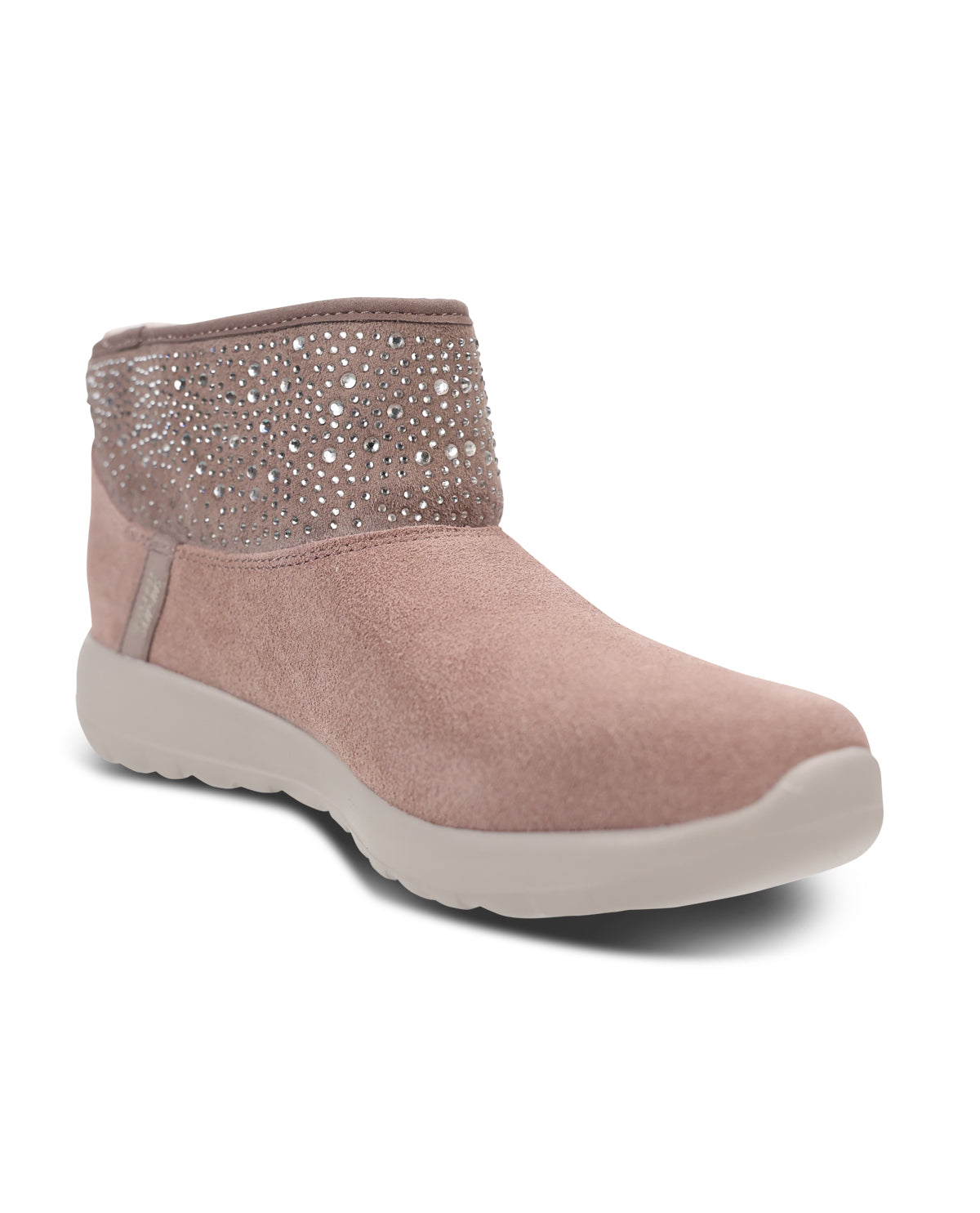 A taupe suede ankle boot with a studded faux-leather collar and a thick, flexible sole, shown in a side profile on a white background.