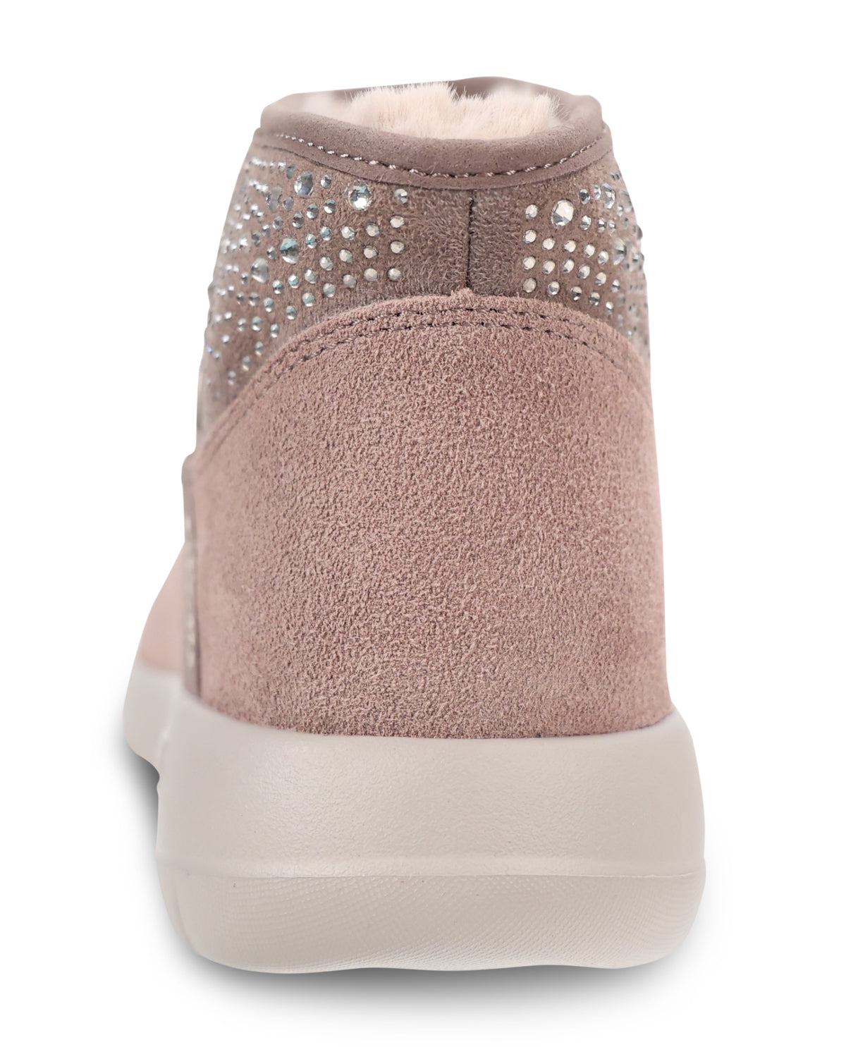 A single high-top sneaker shown from the back, featuring a taupe suede upper, a thick cream-colored sole, and silver rhinestone embellishments on the ankle collar.