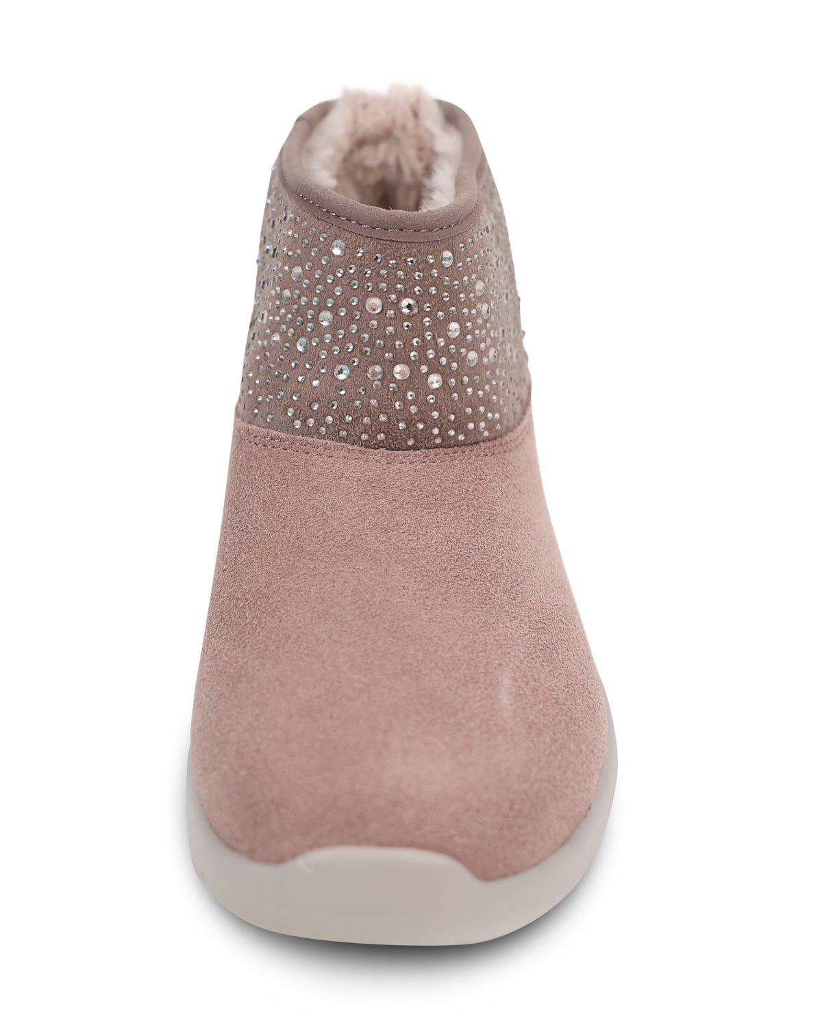 A single women's ankle boot in taupe suede with a rhinestone-embellished upper panel and a soft light pink faux-fur lining, shown from a front-facing perspective on a white background.