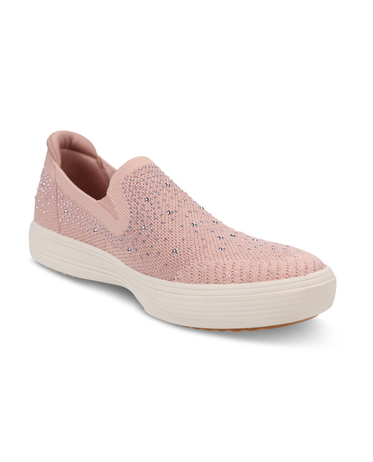 A single slip-on sneaker in light pink knit fabric with rhinestone embellishments, featuring a thick cream-colored platform sole, shown against a plain white background.