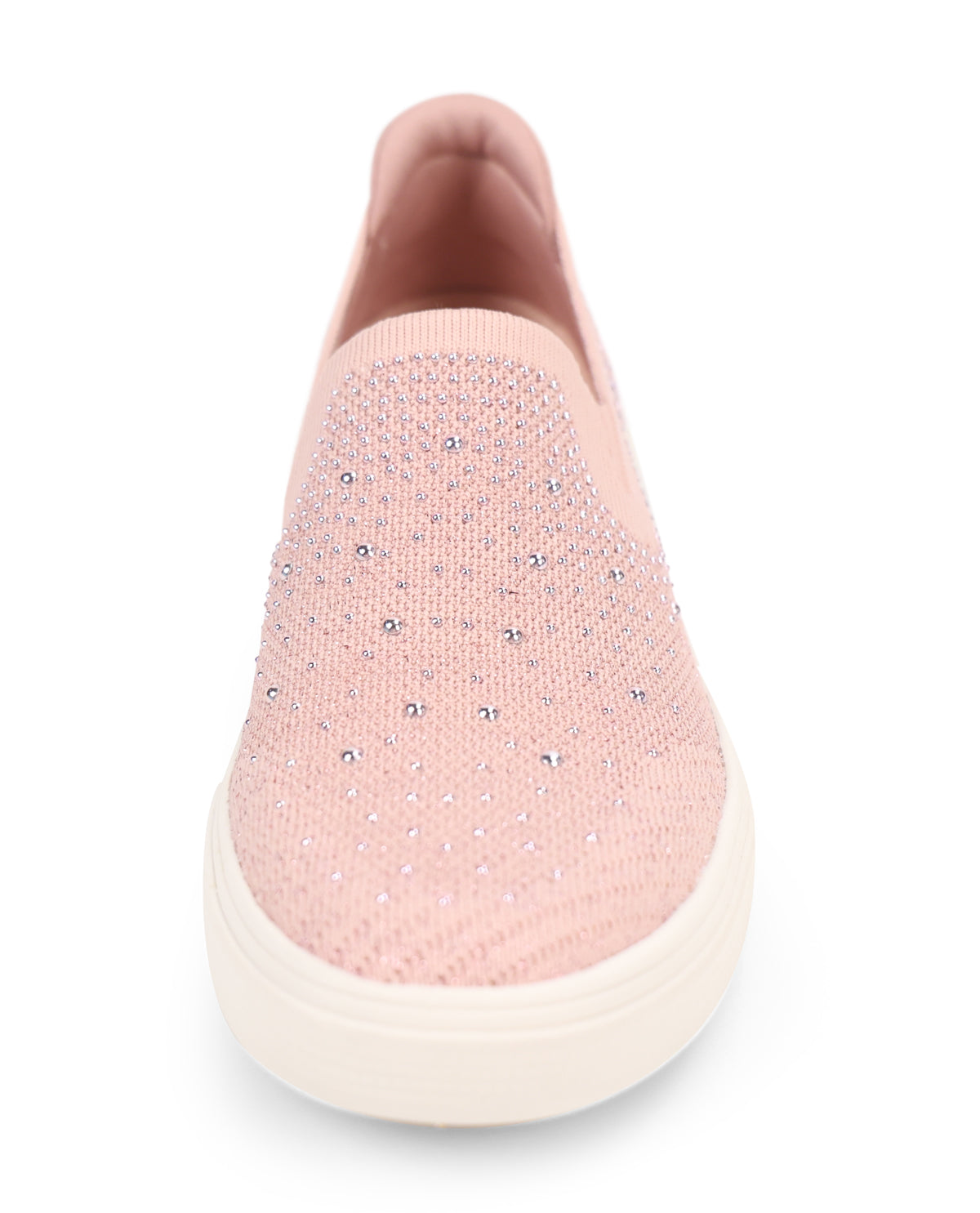 A single light pink slip-on sneaker with rhinestone embellishments on the upper and a thick cream-colored platform sole, shown against a plain white background.
