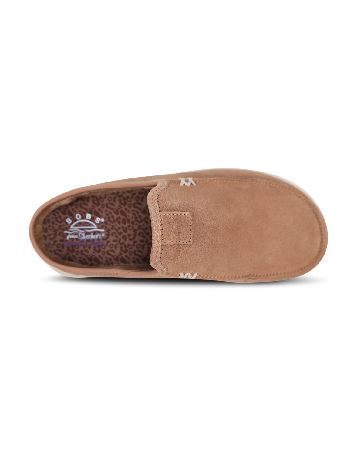 A single tan suede slip-on shoe shown from a top-down view on a white background, featuring a leopard-print insole and a small white embroidered logo on the side.