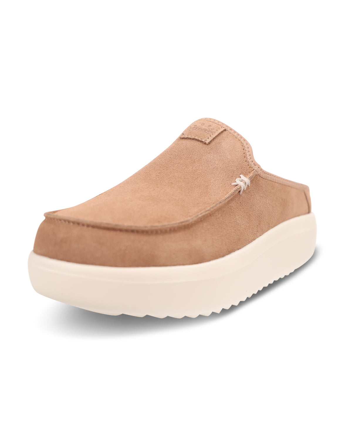 A single slip-on clog-style shoe in tan suede with a thick off-white platform sole, shown on a plain white background.