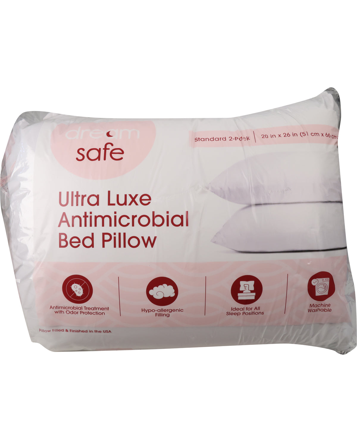 Dream Safe Ultra Luxe Antimicrobial Bed Pillow in its clear plastic packaging, featuring a white and pink label with product details and feature icons.