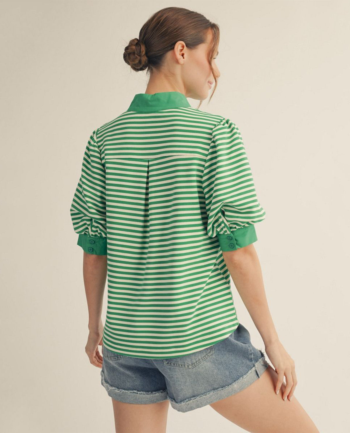Jodifl Stripe Top With Solid Trim Green