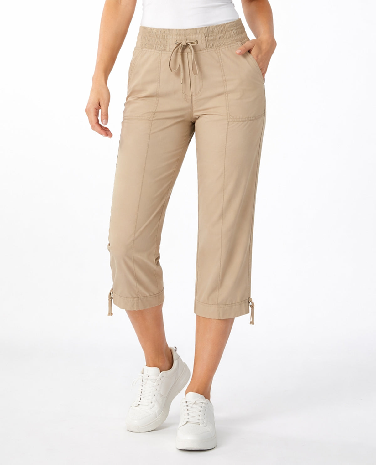 Dash Petite Utility Stretch Twill Tie Waist Capri Sandstone