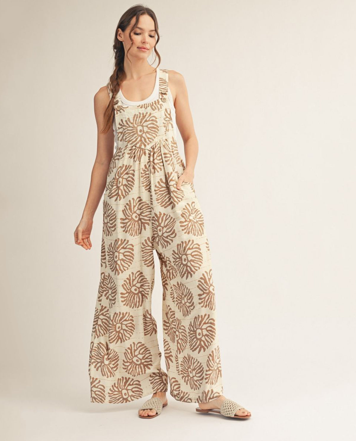 Jodifl Tropical Print Wide Leg Overall Taupe
