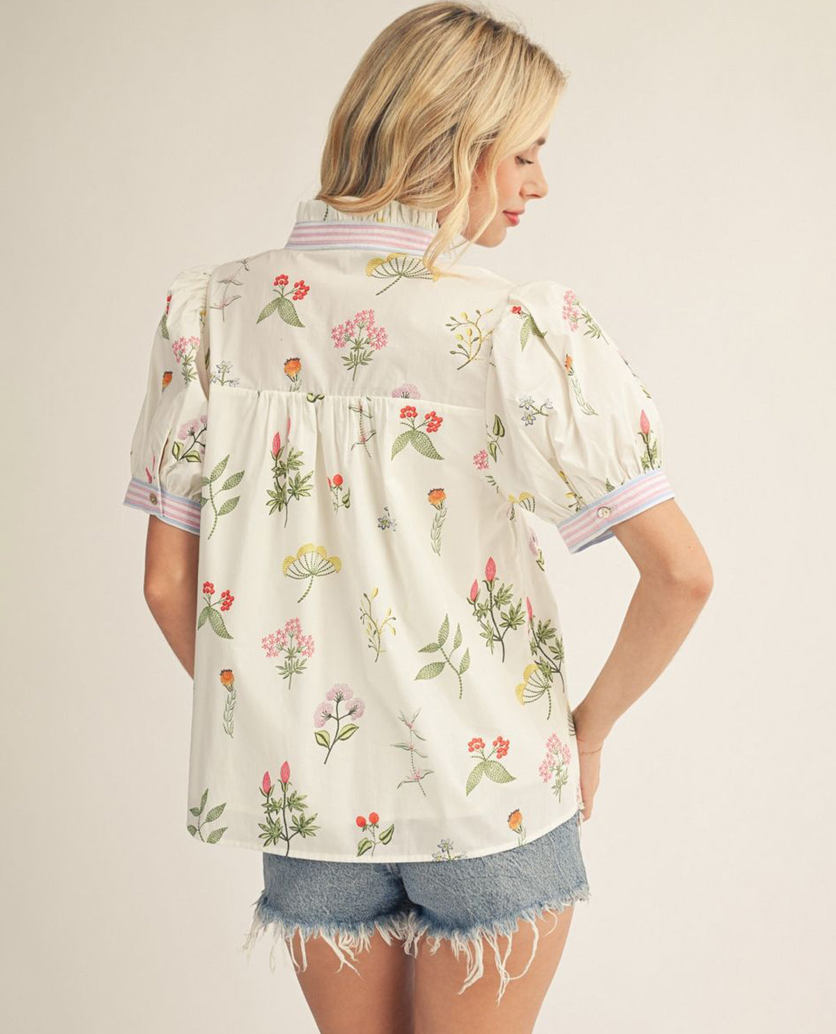 Jodifl Floral Babydoll Top With Stripe Trim Ivory