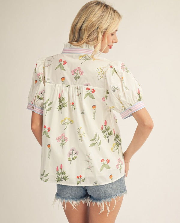 Jodifl Floral Babydoll Top With Stripe Trim Ivory