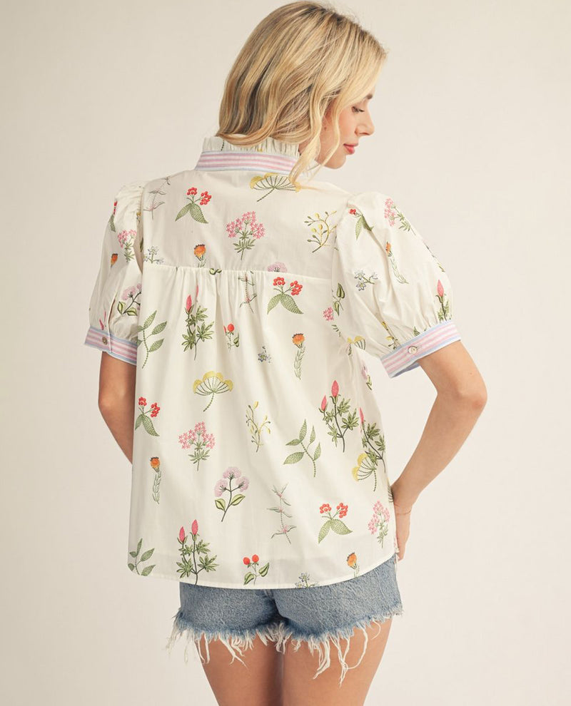 Jodifl Floral Babydoll Top With Stripe Trim Ivory