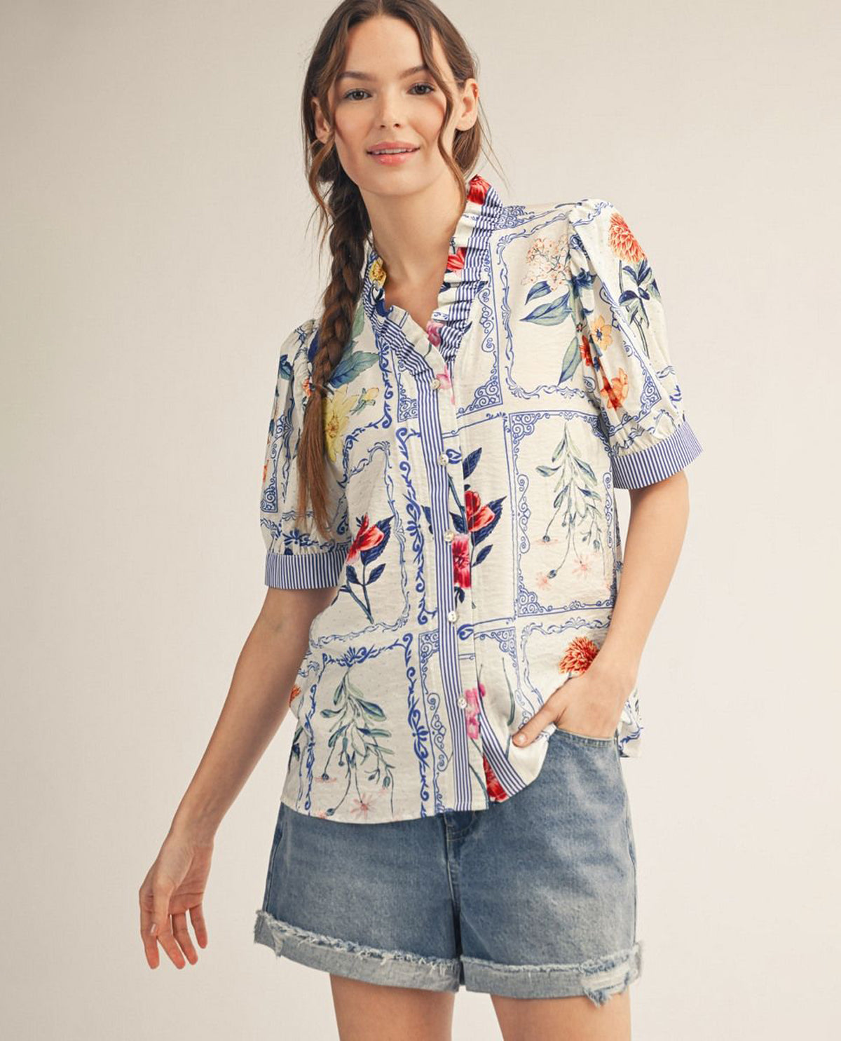 Jodifl Floral Ruffle Neck Top With Stripe Trim