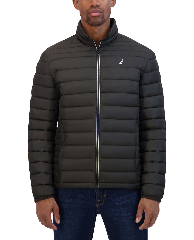 Man wearing a black puffer jacket with a brand logo on a white background