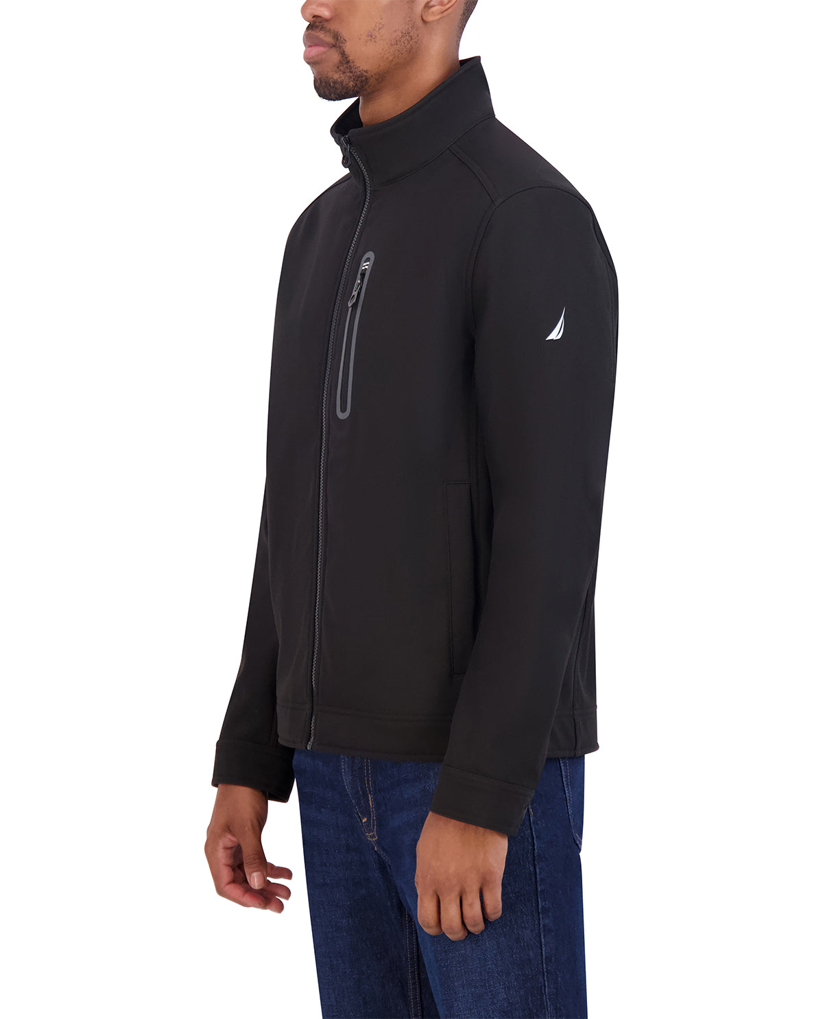 Man wearing a black jacket with a brand logo on a white background