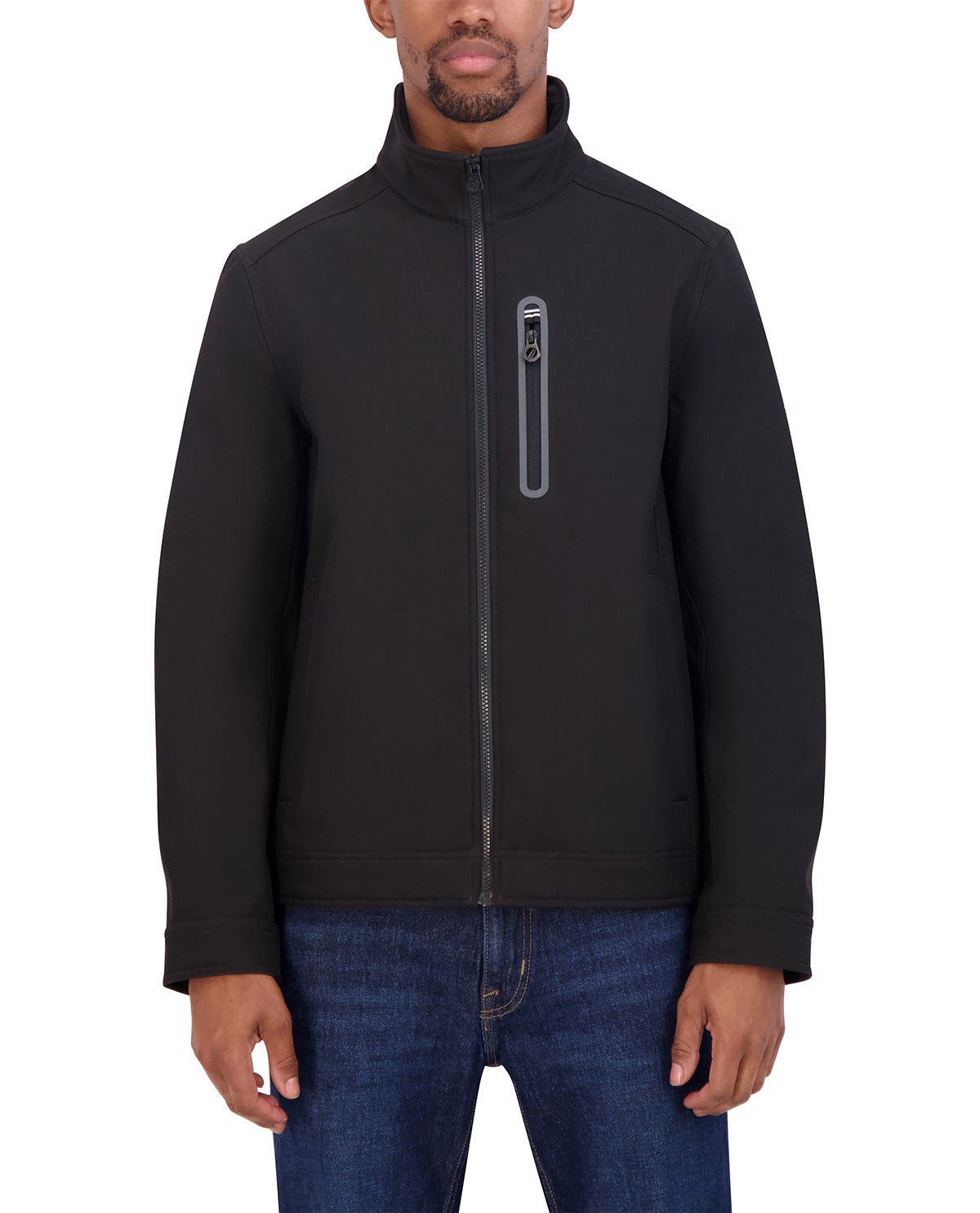 Man wearing a black jacket with a zipper on a white background