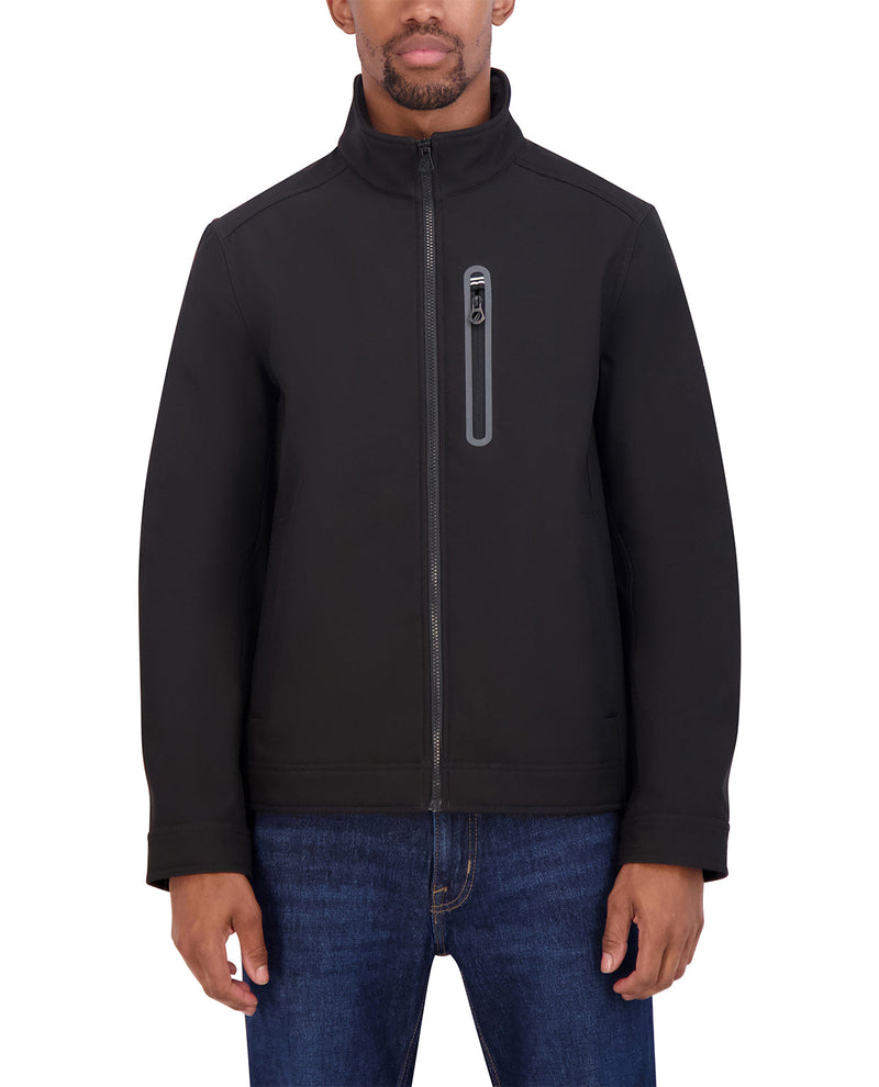 Man wearing a black jacket with a zipper on a white background