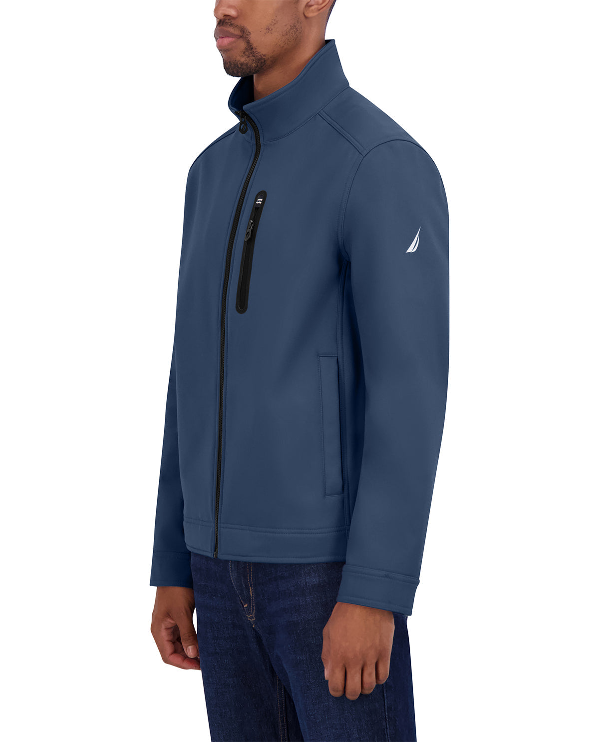 Man wearing a blue jacket with a brand logo on a white background