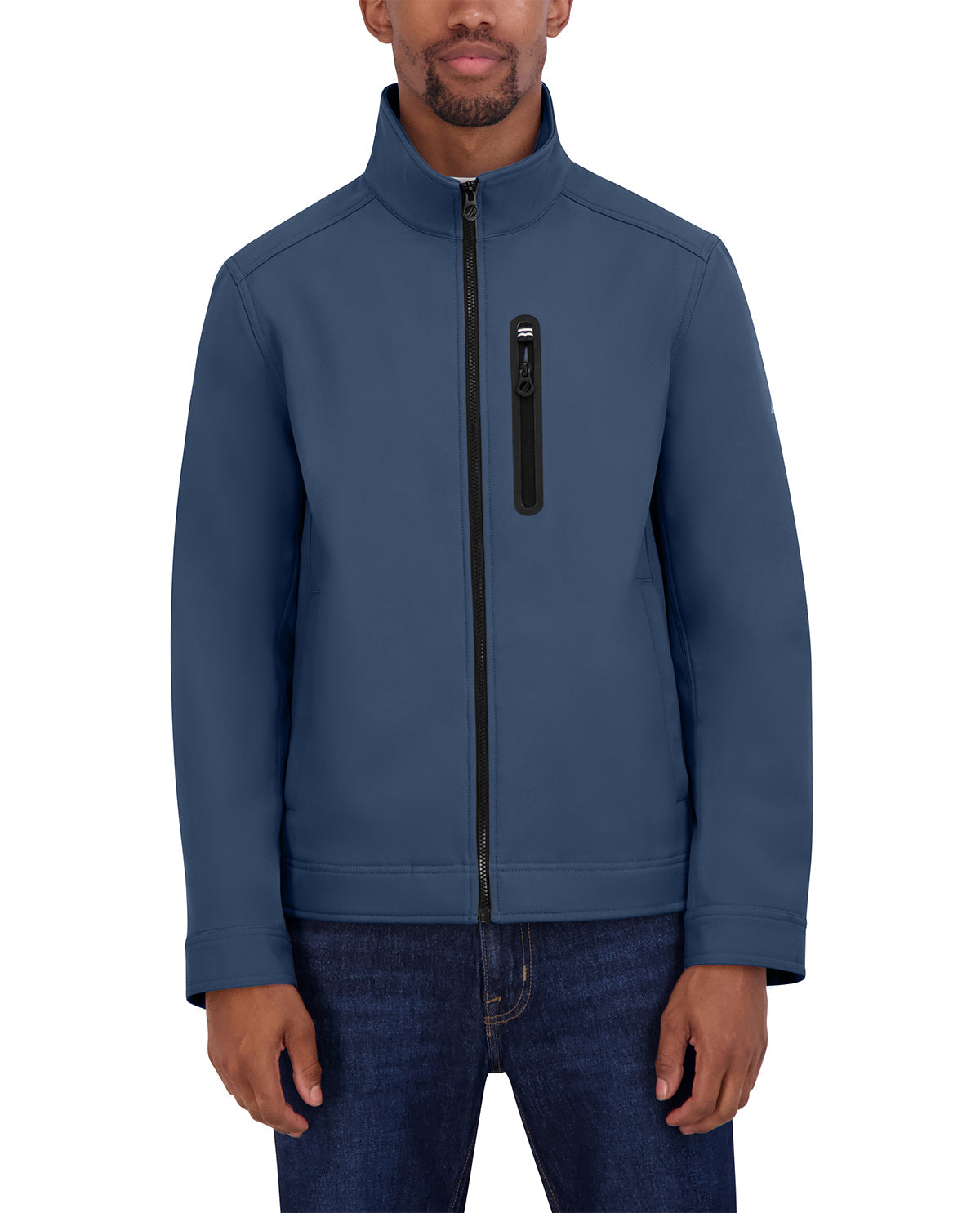 Man wearing a blue jacket with a black zipper on a white background