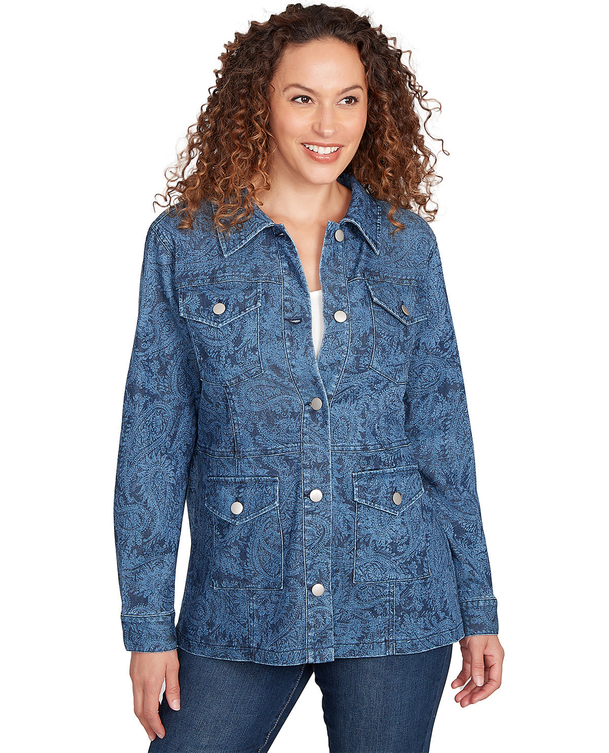 Woman wearing a blue denim jacket on a white background