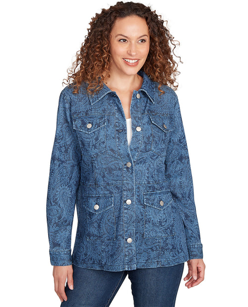 Woman wearing a blue denim jacket on a white background
