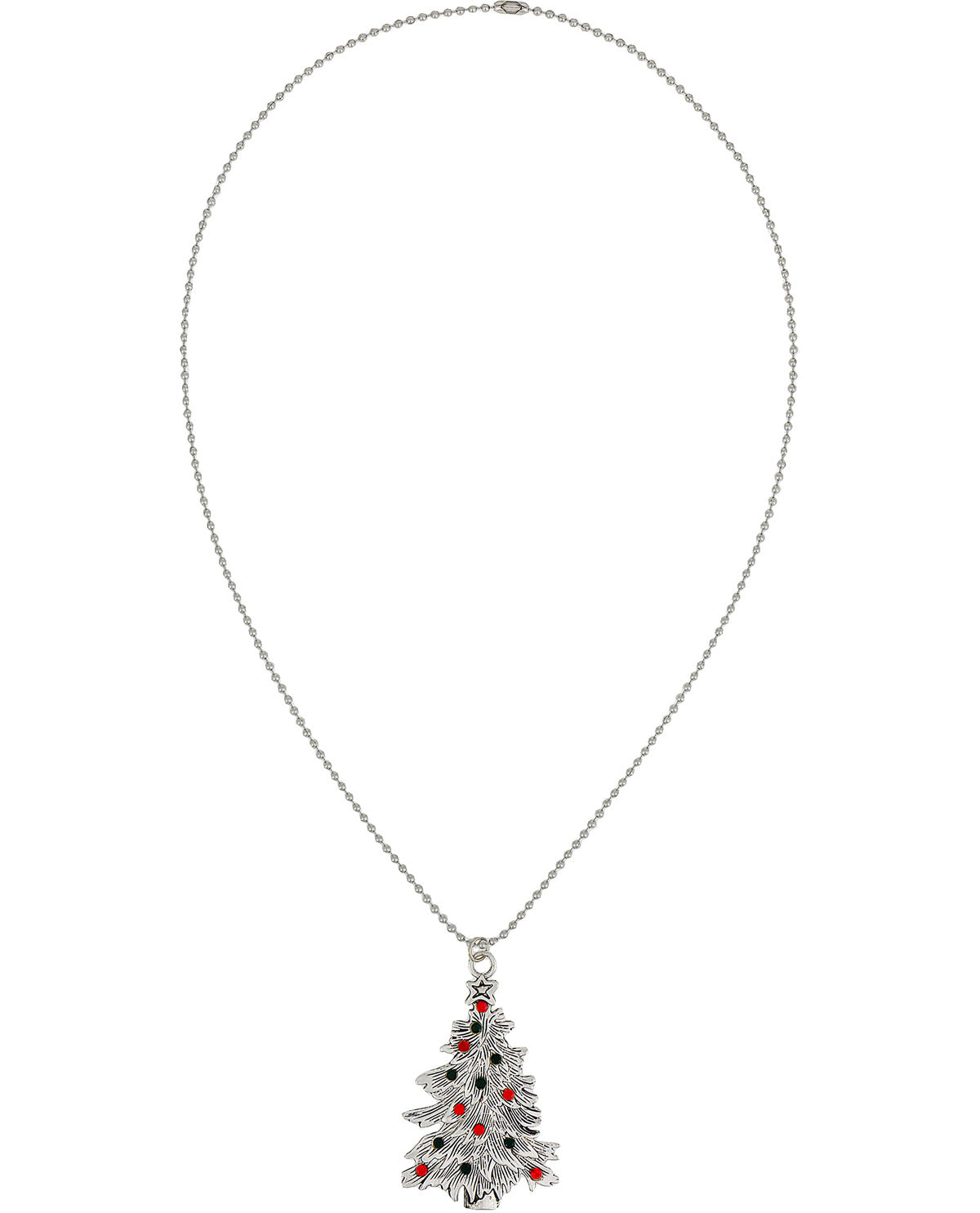 A silver-toned ball chain necklace featuring a Christmas tree pendant embellished with small red and black stones, set against a plain white background.