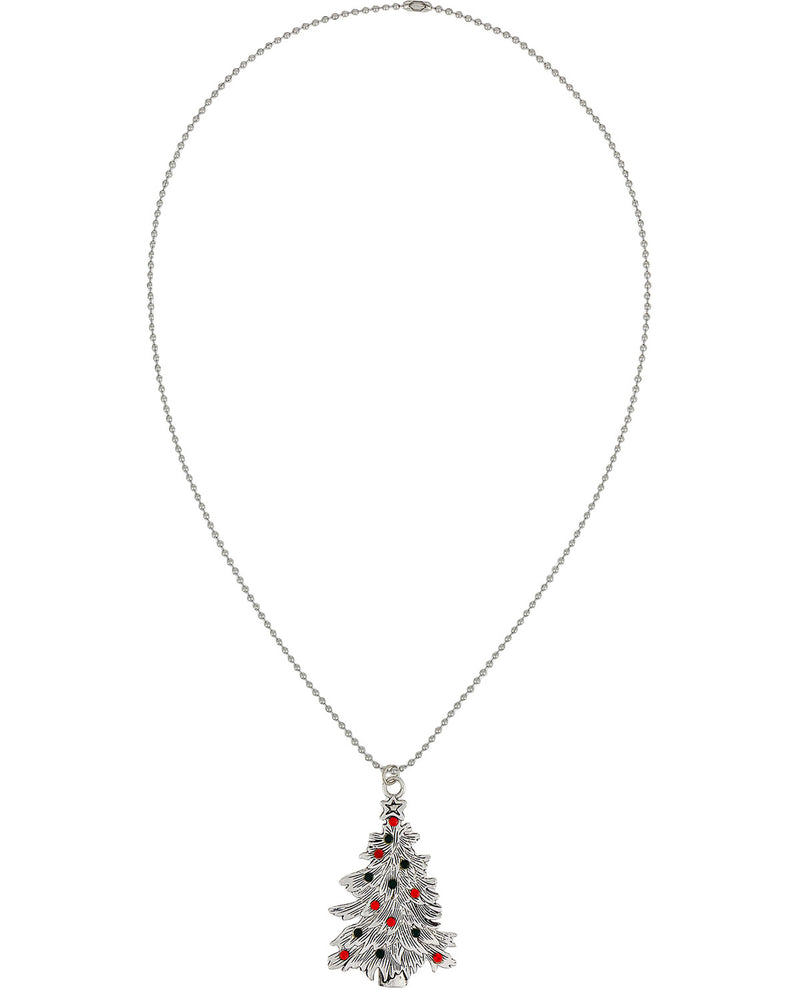 A silver-toned ball chain necklace featuring a Christmas tree pendant embellished with small red and black stones, set against a plain white background.