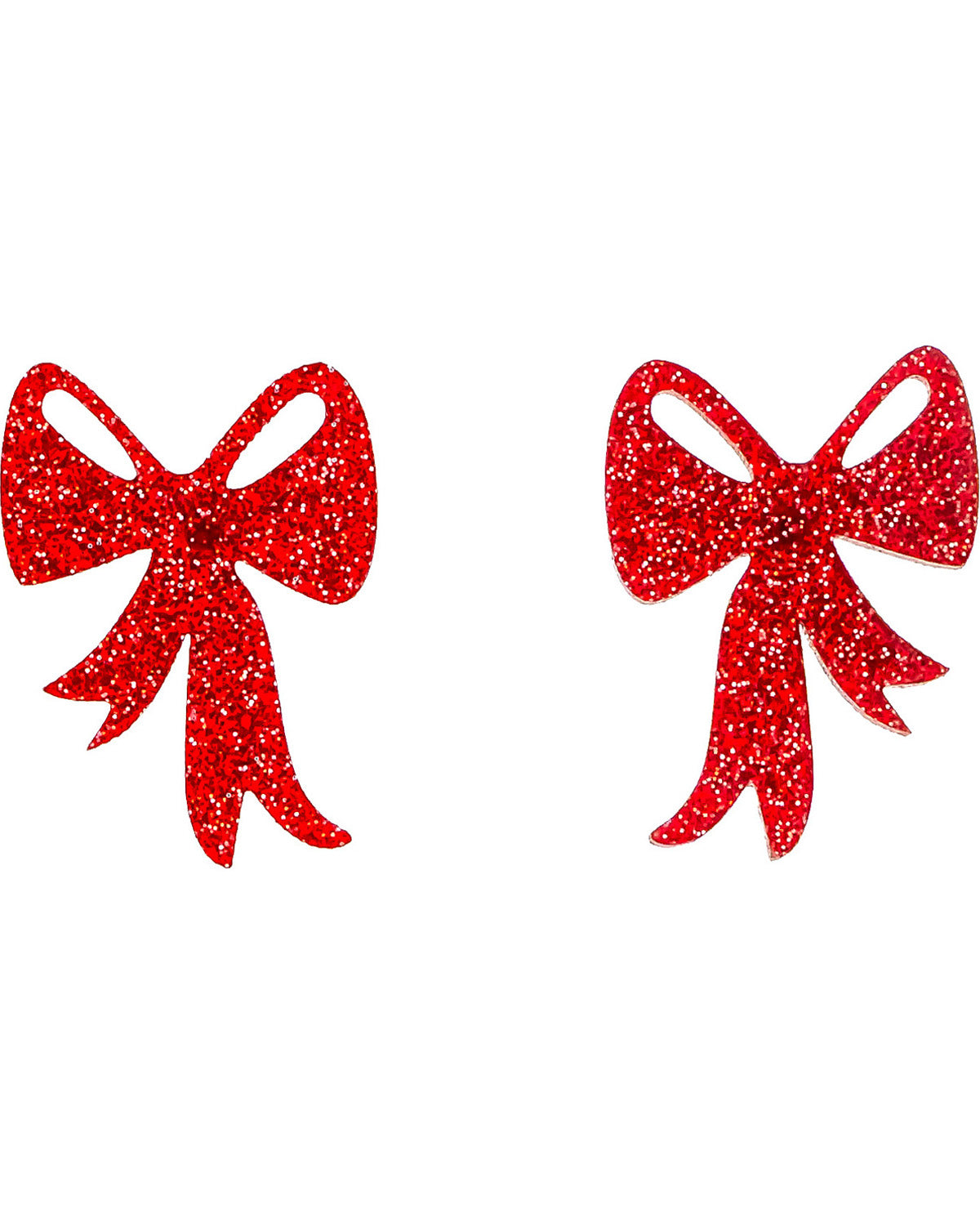 A pair of red glitter bow-shaped earrings on a plain white background.